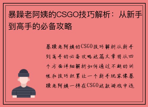 暴躁老阿姨的CSGO技巧解析：从新手到高手的必备攻略